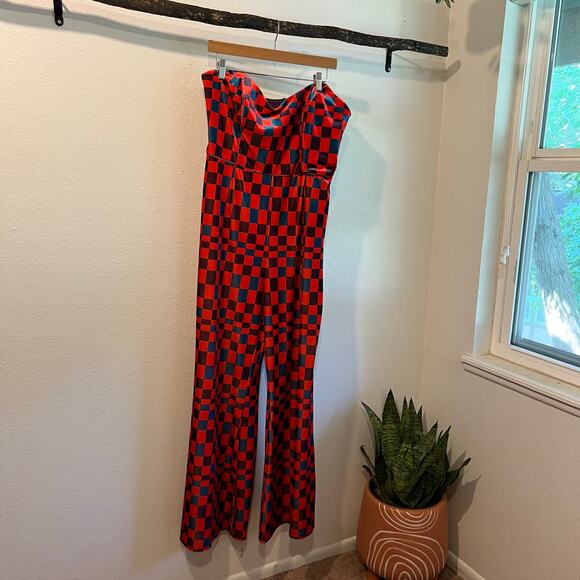 Hutch Velvet Check Bright Colored Wide Leg Strapless Jumpsuit Size 16W - Picture 3 of 16